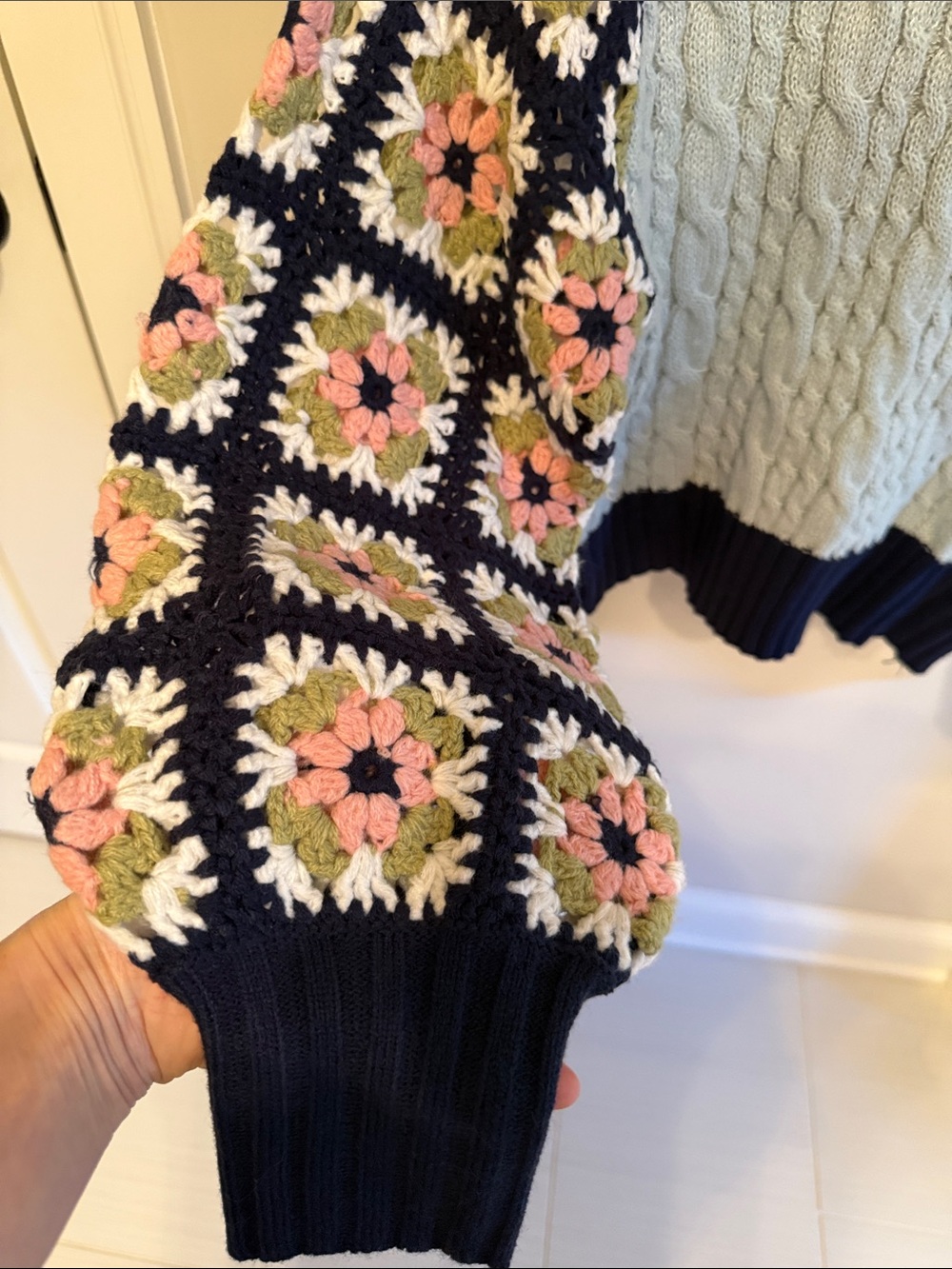 DAVI & DANI Navy and Light Blue Crochet Floral Sleeve Cable Knit Sweater - Picture 7 of 16